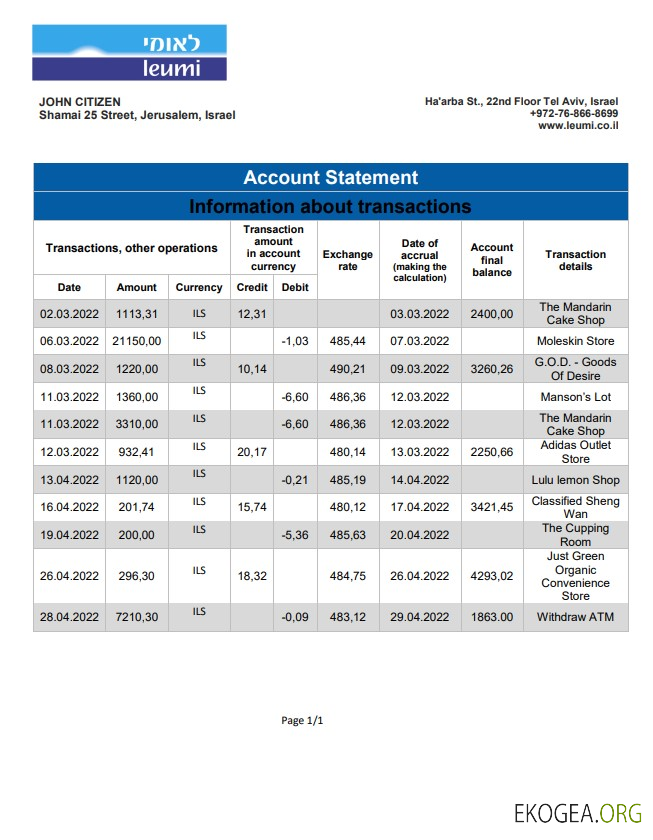 Relevé de la banque Israël Leumi